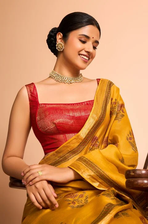 Mustard Yellow Traditional Silk Blouse – Mustard Yellow & Red